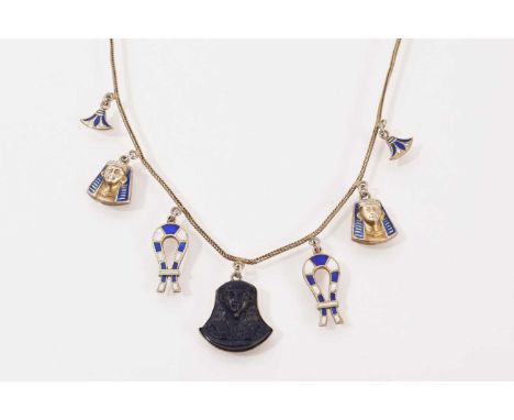 1920s Egyptian revival silver (800) and enamel necklace with Pharoah head and symbol pendants, 40.5cm long