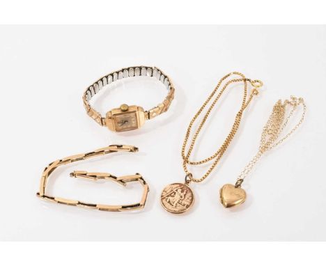 Group of 9ct gold jewellery to include St. Christopher pendant on chain, heart shaped locket on chain, watch bracelet and a 9