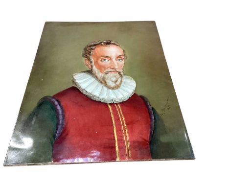 19th century porcelain plaque painted with Tudor style portrait, 34.5cm x 45.5cm