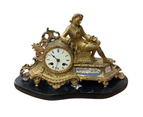 19th Century French gilt metal and porcelain mounted mantel clock with wooden base, 37cm wide