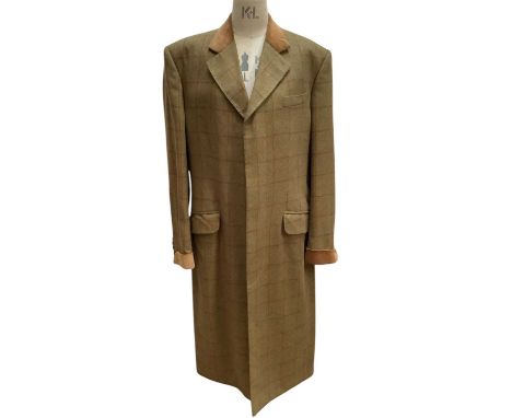 Graham Browne, Bespoke Tailors, Bow Lane, London, tweed check overcoat with velvet collar.