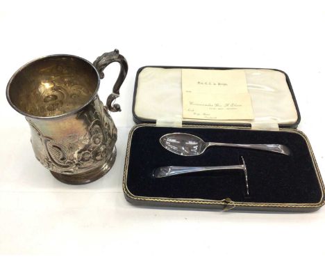 Victorian silver tankard with embossed floral scroll decoration (London 1860) and 1930s silver christening spoon and pusher s