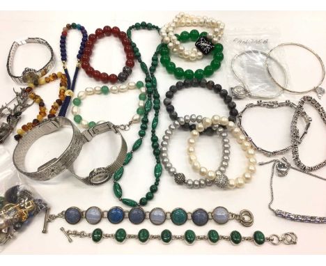 Group of silver and other costume jewellery to include a Pandora silver bracelet, 19cm, various silver gem set bracelets, mal