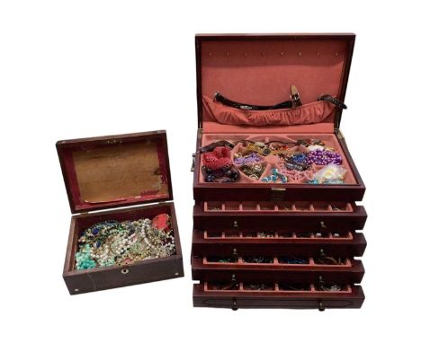 Four draw wooden jewellery box and wooden work box containing costume jewellery and wristwatches including an 18ct gold ring,