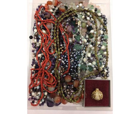 Group of various bead necklaces including amethyst, cultured pearls, quartz etc and a Christian Dior gilt metal paste set ins