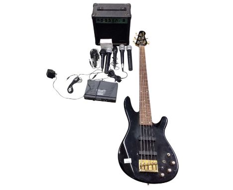 Yamaha five string electric bass guitar, together with an amp, microphones, etc116cm total length. Serial number QK1169042. T