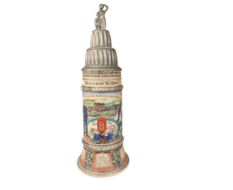 Imperial German military pottery stein with hinged pewter lid with stacked shells, goddess and lion mounts, transfer and pain