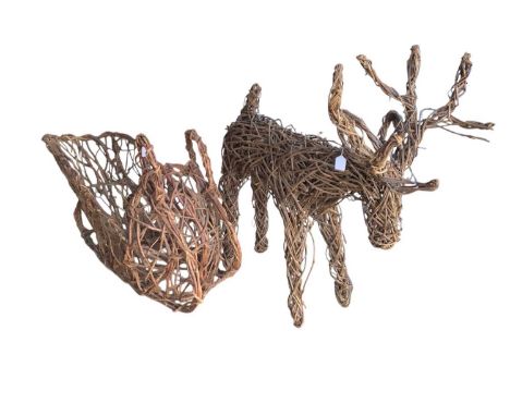 Large free standing woven cane Christmas garden ornaments in the form of a Reindeer and Sleigh, Reindeer 105cm in height (2)