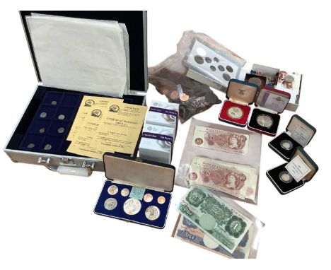 World - Mixed coins, banknotes &amp; accessories to include G.B. Royal Mint silver proofs, year sets 1953 x 3, base metal coi