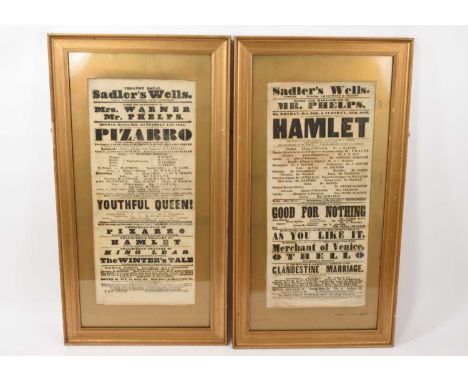 Two 19th century bill posters for Sadlers Wells, the first for Hamlet, dated 1857, 50 x 22cm, glazed frame
