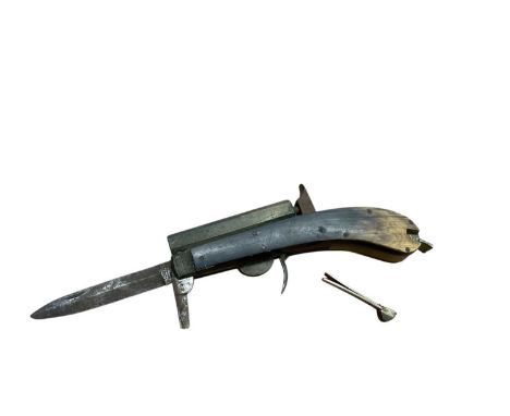 Unusual Victorian Unwin and Rodgers Patent percussion combination knife pistol, the octagonal white metal barrel with Birming