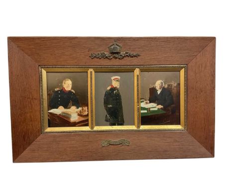 Imperial German triptych of three hand-tinted photographic portraits of Kaiser Wilhelm I, Field Marshall Moltke and Von Bisma