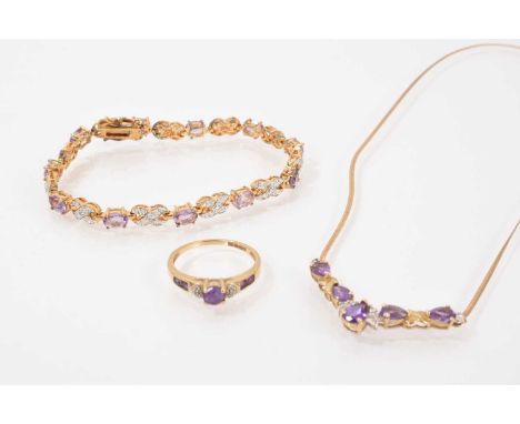 9ct gold amethyst and diamond necklace, ring and similar style gilt metal bracelet (3)9ct gold necklace and ring weigh 6.1 gr