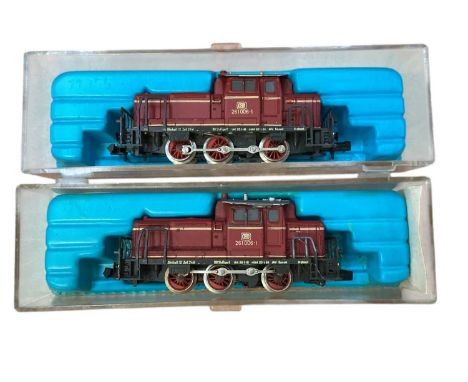 Fleischmann N Gauge 0-4-0 diesel locomotive 212 380-0 &amp; 212 101-2, plus Atlas 0-6-0 DB diesel locomotive 261 006-1 (4)