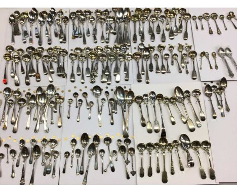 Large collection of Georgian and later silver tea, coffee, salt and condiment spoons, all mounted on card, with a list of dat
