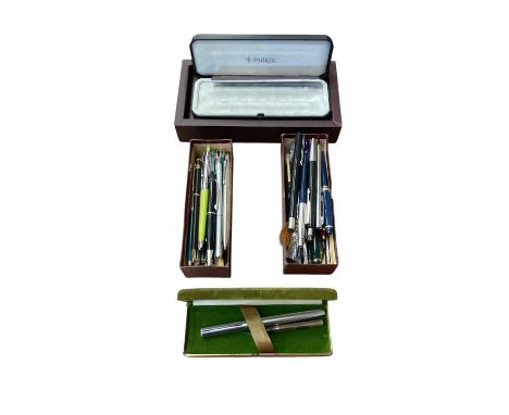 Collection of various pens including Parker, Waterman, Stewart Conway, etc, and two silver-bladed mother of pearl pen knives 