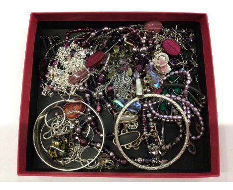 Group of contemporary silver and costume jewellery including a silver torque bangle, silver bracelet with shell panels, silve