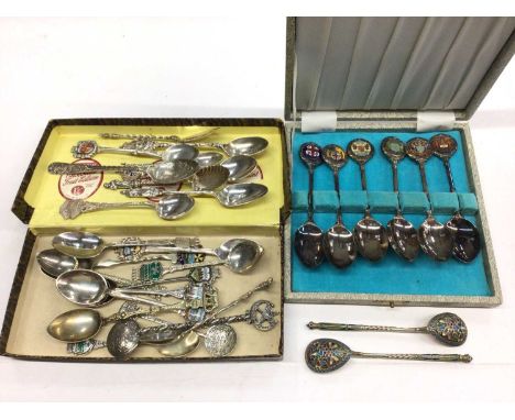 Collection of silver and plated souvenir spoons, together with a pair of Russian silver (84) enamelled spoons