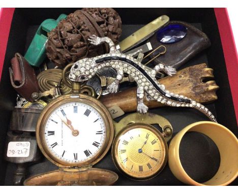 Vintage paste set lizard brooch, gold plated full hunter pocket watch, fob watch, pair of lorgnettes and other bijouterie