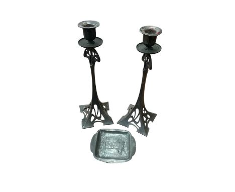 Pair of Art Nouveau WMF candlesticks and a Tudric pewter dish, pattern 01259 (2)