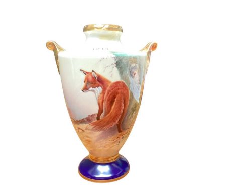 Aynsley vase with hand painted decoration depicting a fox in landscape, 19cm highVery good condition with no chips or cracks 