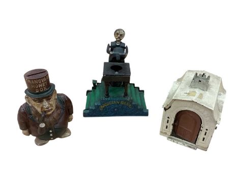 'Magic Bank' money box patented 1875 and 1876, with a 'Magician Bank' money box and a 'Transvaal Money Box' (Boer War interes