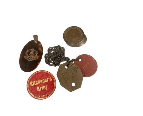 First World War Kitchener's Army official badge, tortoiseshell and piquet work Royal Army Medical Corps pendant, dog tags and