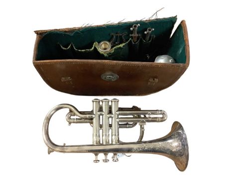 Cornet in case, inscribed 'Maker to H.M. Forces A. Hall Gisborne'Valves sticky but functioning, general wear, bell is crushed