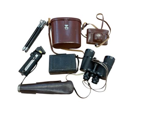 Certotrop folding camera, pair of Carl Zeiss Jenoptem 10x50 binoculars, another camera and a tripod