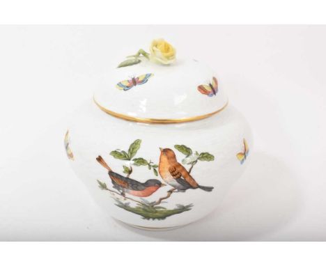 Herend bowl and cover, of bulbous form, painted with birds and insects, with yellow rose knop, 15.5cm high