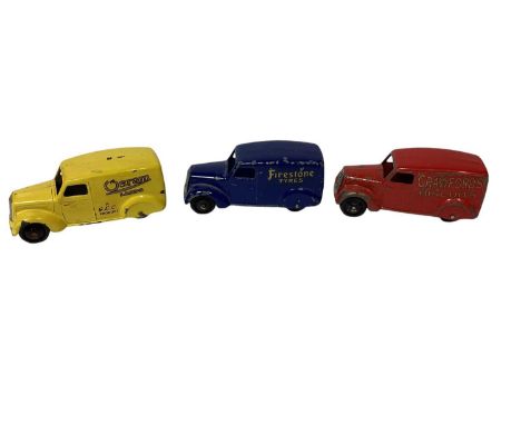 Dinky unboxed selection of early vans including Crawfords Biscuits, Firestone Tyres, Dunlop Tyres, Osram lamps &amp; others (