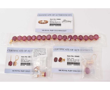 18ct gold 'Royal Ruby' bracelet with 17 oval mixed cut stones in a yellow gold setting, 19.5cm long, together with two pairs 