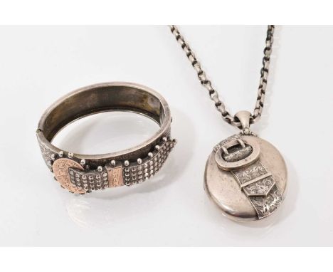Victorian silver bangle with applied buckle and engraved foliate decoration (Chester 1882), together with a Victorian white m