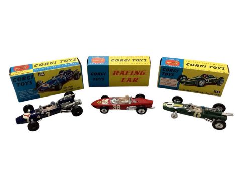 Corgi diecast F1 Racing Cars including Ferrari No.154, Cooper Maserati No.156 &amp; Lotus Climax (tyre missing) No.155, all b