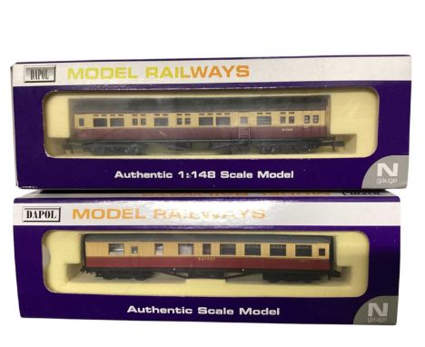 Dapol N Gauge GWR Autocoach 187, NC009 &amp; Autocoach BR Crimson &amp; Cream 192, NC011, plus Gresley Buffet &amp; Coaches N