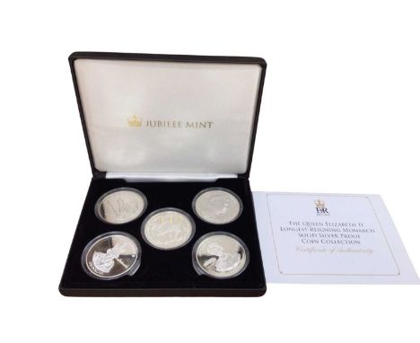World - Jubilee Mint five Crown silver proof collection commemorating Elizabeth II 'Longest Reigning Monarch' 2015 (N.B. Case