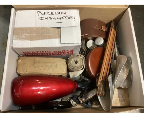 Sundry items, including kitchenalia, microscope, radios, tins and boxes, shoe trees, GPO items, etc