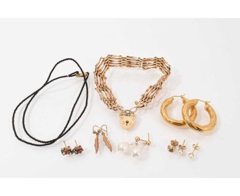 9ct gold gate bracelet, black micro bead necklace with 9ct gold clasp, pair 9ct gold chunky hoop earrings and other 9ct gold 
