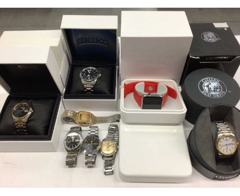 Collection of wristwatches to include Citizen Eco-Drive WR100 in box, Seiko Kinetic in box, Seiko Solar in box, Apple 316L re