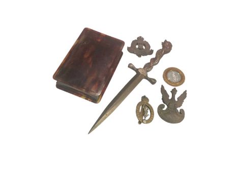 Second World War Trench Art letter opener, stamped Pompei 1943, together with Polish cap badge and others.