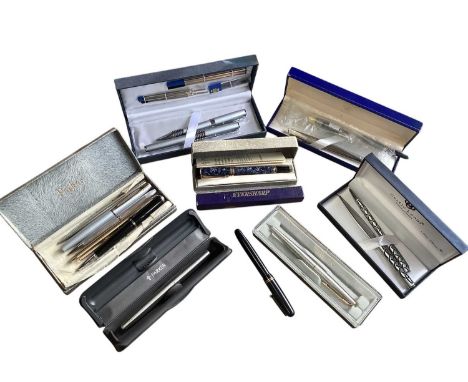 Collection of pens including Waterman silver plated fountain pen with 18ct white gold nib, boxed, various Parker pens etc