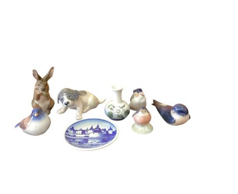 Group of five Royal Copenhagen porcelain animals, ditto vase and dish, and a Bing &amp; Grondel bird (8)