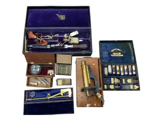 Brass microscope in case, Veedee massager, miniature medicine dispensary in leather case, bras optician's tool in case, micro