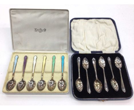 Set of six Norwegian sterling silver and guilloche enamel coffee spoons and one other set of six 1920s silver coffee spoons (
