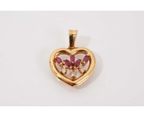 Ruby and diamond heart shape pendant with five marquise cut rubies and three brilliant cut diamonds in 18ct gold setting, 25m