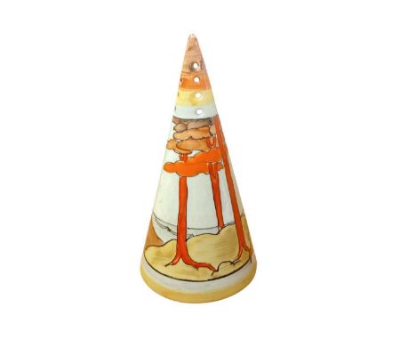 Clarice Cliff Bizarre Range Coral Firs sugar sifter with hand painted decoration, 13.5cm highGood overall condition, no signs