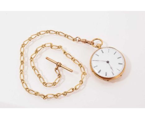 French gold fob watch with white enamel dial and Roman numeral markers in an engine-turned case, 32mm diameter, on a yellow m