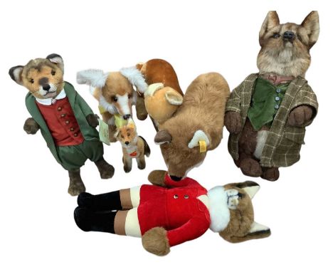 Group of eight soft toy foxes to include Steiff Mr. Tod, Steiff Snorry fox, three other Steiff foxes, a Deans fox and a Merry