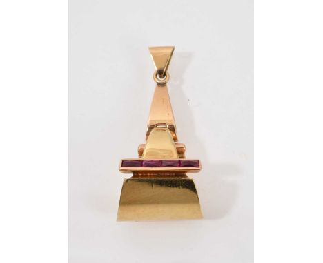 1940s Odeonesque yellow metal and synthetic ruby pendant, 42mm long The pendant is unmarked and weighs 9.1 grams 