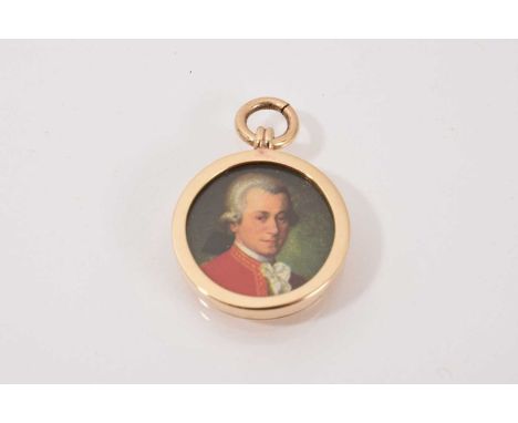 9ct gold locket pendant with a miniature printed portrait of Mozart, engraved name and dates to reverse, 21mm diameterMarked 